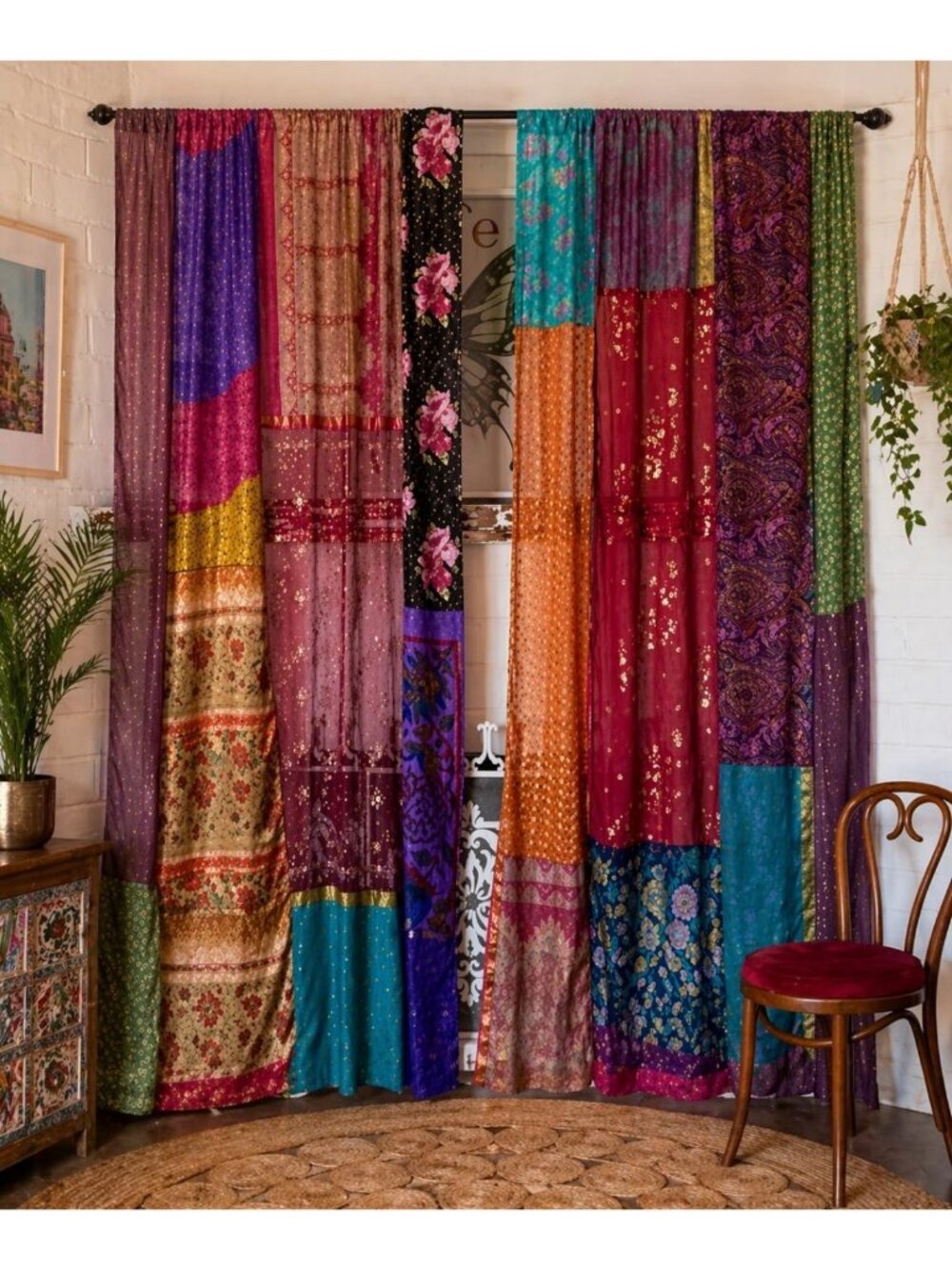 Vintage Silk Blend Patchwork Curtains - Multi Color Drapes for Home Decor 82x41